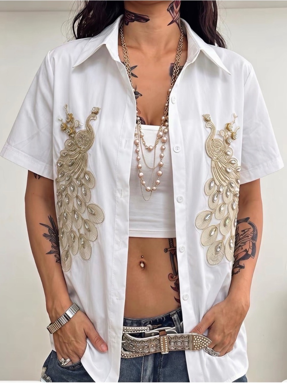 Peacock Embroidery White Button-Up Shirt with Gold